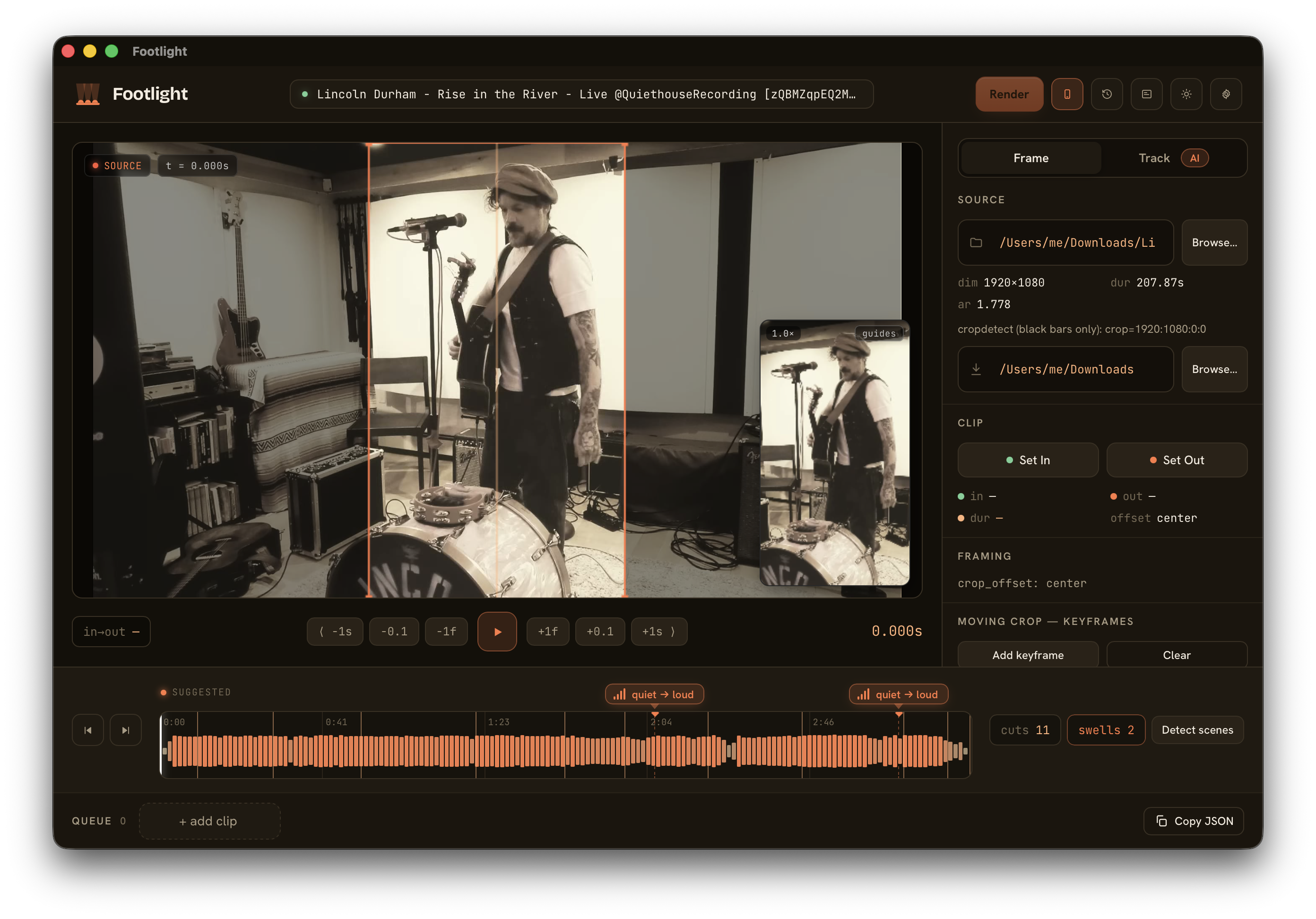 The Footlight editor: a 9:16 crop box over a live performance, a 9:16 output preview, and a loudness timeline flagging quiet-to-loud swells.